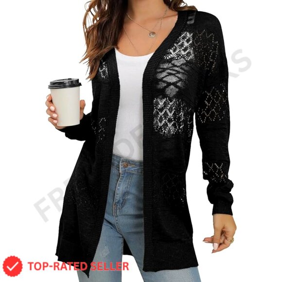 Sweaters - Lightweight Cardigan Sweater Open Front Long Sleeve Boho Casual Beach Coverup